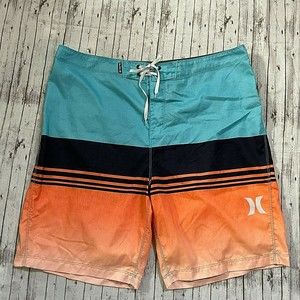 Hurley Board Shorts Mens Size 38 Blue Orane Striped Swim Bathing Suit Trunks